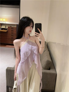 GUZILIAN | Phong cách Pháp thanh lịch tay áo không đều hở vai gợi cảm Pure欲 cổ treo lưng hở áo sơ mi tay áo mùa hè cho nữ