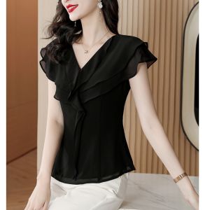 Moms Fashionable Short Sleeve Chiffon Shirt Womens Ruffles V-neck Temperament Shirt Summer New Arrival Chic Tops Slim Looking