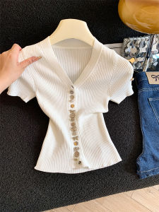 Elegant Slimming V-Neck White Button Tee Womens