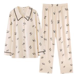 MiiOW | ชุดนอนผู้หญิงแขนยาวคอวีผ้าฝ้าย ชุดอยู่บ้านสบายๆ ฤดูใบไม้ผลิและฤดูใบไม้ร่วง ชุดนอนผู้หญิง MiiOW Cat 100%