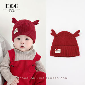 Thickened Knitted Baby Hat Winter Red Dragon Year Cute Dragon Horn Children Overhead Cap New Year Photography One Year Old
