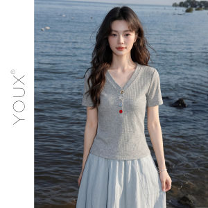 YOUXIANG | Áo Thun Ôm Dáng Cổ V Tay Ngắn Màu Xám