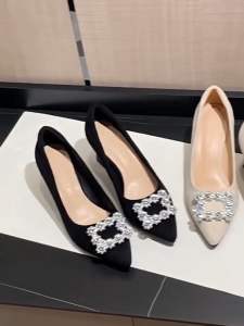 Chunky Heels Shoes for Women French Pointed Shoes Ladies Office Shoes Black Leather High Heels