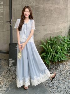 YINLUOYA | Elegant Casual Lace Set 2025 New Style French Loose Feelings Small Fragrance Wind One Whole Set Buttoning Long Pants Short Sleeve V-neck