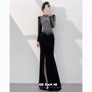 Elegant Black New Arrival Party Style Long Sleeve Side-Slit Mermaid Dress