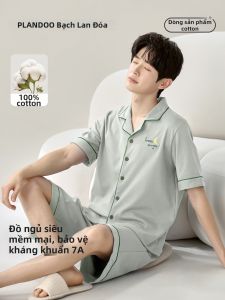 PLANDOO | Bộ Đồ Ngủ Nam Bằng Cotton Áo Tay Ngắn Quần Short Mỏng Thiết Kế Đơn Giản