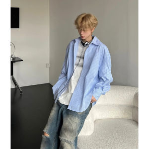 Blue Stripes Long Sleeve Shirt Coat Mens Summer Thin Fancy Teen Fashion Brand Handsome Sun Protection Shirt