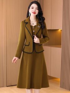 Elegant Wedding Guest Dress Set High Waist A-Line Skirt Long Sleeve Mid-Length Pure Color Korean Style Commute Autumn Winter