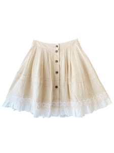 Retro Bavarian Lace Trim Splice Single Button Cotton Linen Mini Skirt High Waist A-Line Ideal for Young Women in Their 20s