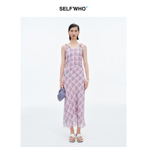 Purple Pink Plaid V-Neck Twist Shoulder Strap Dress