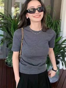 Ultra-Thin Wool Knitted round Neck Short Sleeve T-Shirt Yangzi Spun Yarn 2025 Summer New Womens Sweet Style Straight Cut