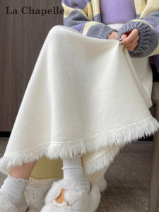 Váy Midi Chữ a Cạp Cao La Chapelle Cho Nữ Mùa Đông Mới Váy Midi Dài Màu Trắng Sữa Tua Rua Dệt Kim Phong Cách Công Sở