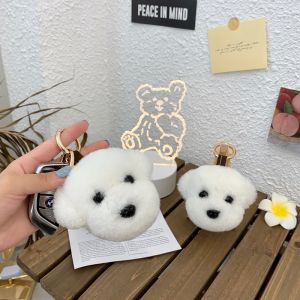 Cute Teddy Bichon White Dog Fur Plush Toy Car Keychain Pendant Gift for Women SYNA Leather Goods Fashion Accessories