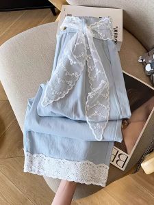 กางเกงขายาวทรงตรงเอวสูงผ้าโพลีเอสเตอร์ผสมลูกไม้ขอบลูกไม้สำหรับผู้หญิงในช่วงฤดูร้อนปี 2025 กางเกงขายาวทรงหลวมขาบาน