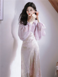 New Chinese Style Womens Dress Summer 2025 Elegant National Trend Long Fairy Tale Skirt High Waist Lantern Sleeve A-Line Dress