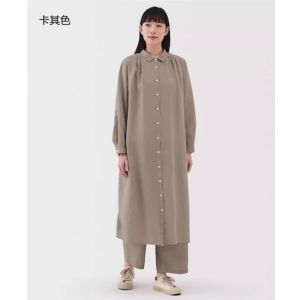 Autumn Cotton Linen Long Sleeve Shirt Dress Casual Loose plus Size Mid-Length Pure Color Turn-down Collar Womens Fashion