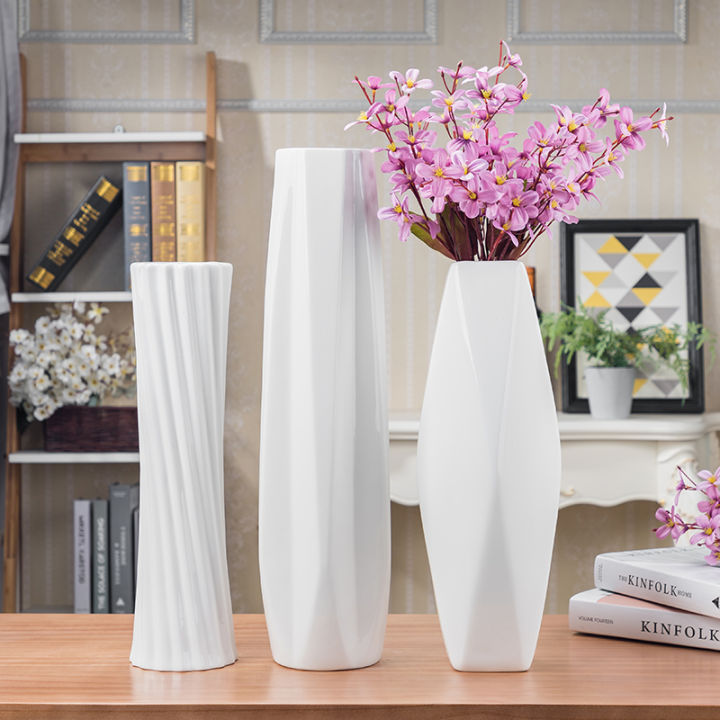 60cm Flat Ceramic Vase White Floor Large Simple and Modern Furnishings Decorative Nordic Geometric Water-Filled