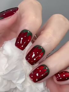 2024 Popular Wear a Short Student Party Fancy Niche Show White and Red Polka Dotted Strawberry Fake Nail Patch