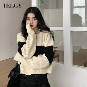 IELGY Striped Short Sweater Womens Long Sleeve Loose Outer Wear Pullover Top Thin