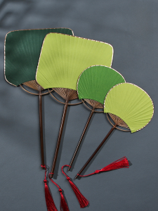 Mini Small Circular Fan Blank Hand-Painted DIY Rice Paper Fan Green Fan Surface Chinese Ancient Style Black Bamboo Long Handle Temple Fan Square Fan