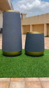 กระถางต้นไม้ กระถางเบลล่า ใบใหญ่ ทรงสูง ขอบทองสไตล์โมเดิร์นหรูหรา พลาสติกเกรด A ขนาดสูง18-32นิ้ว รุ่นสีเทาลายจุด