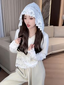 Idle Style Elegant Heavy Industry Crochet Hooded T-shirt Female Fall and Winter New Arrival Unique and Beautiful Fashion Lace Bottoming Top
