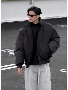 Black Flight Jacket Mens Short Baseball Style Durable down Coat Loose Fit Casual Wear Polyester Fiber White Duck down Filling