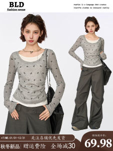 Gray Long Sleeve Short T-Shirt Women Early Autumn Butterfly Knot Slim Fit Base Layer Shirt Korean Style Commute Fashion