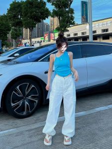 สีน้ําเงิน ผู้หญิง สายคล้อง เสื้อกั๊ก 2024 ใหม่ ฤดูร้อน ไม่สมมาตร ปกเสื้อ สลิมฟิต สั้น มีสไตล์ เสื้อไม่ซ้ําใคร ทันสมัย สุภาพสตรี เสื้อกล้าม