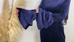 European and American Autumn and Winter New Thickened Pleuche Bell Sleeve Solid Color Shiny Dress Abaya 6201