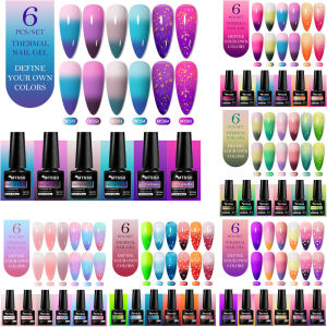 6pcs Thermal Gel Nail Polish Set Gold Foils Glitter Temperature Color Changing Semi Permanent Soak Off UV Gel Varnish Manicure