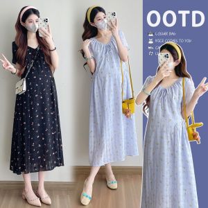Maternity Dress Pregnant Womens Summer Floral Embroidered V-Neck Tie Waist Long Dress