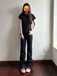 Quần Jeans Denim Co Giãn Màu Đen Cho Nữ Quần Ống Rộng Ống Thẳng Cạp Cao Quần Dài Mùa Hè Thời Trang Đường Phố