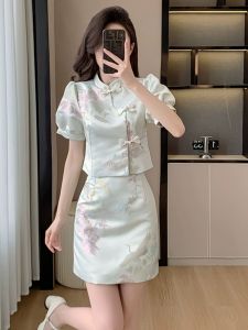 Elegant New Chinese Style Summer Fashion Set French Elegance High-End Sensation Midi Skirt Two-Piece Set Short Sleeve Crew Neck