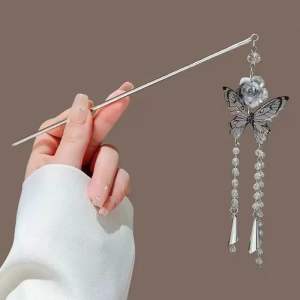 Trâm cài tóc tua rua chuông gió trâm búi tóc hoa xám gắn cánh hồ điệp cho nữ cổ trang