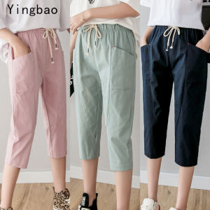 Yingbao Short Pants with Pocket Plus Size Women Cotton Linen Shorts Korean Style Elastic High Waist Thin Loose Casual Ladies Summer Haren pants Solid Plain Color Home Outdoor Wear