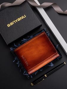 BANYANU Travel Men Cow Genuine Leather Card Holder Purse Original Small Trifold Wallet for Men 2025 New Year Gift