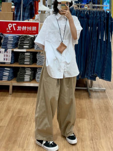 Khaki Wide Leg Pants Womens Thin Loose High Waist Slimming Casual Straight Workwear Trousers Pure Cotton Summer Style