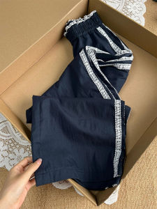 Quần Thể Thao Thường Ngày Màu Xanh Lam Tua Rua Eo Thun Cạp Cao Cho Nữ Quần Dài Ống Rộng Cạp Cao Mùa Thu