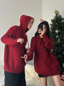 Retro Red Hoodie Knitted Loose Casual Sweatshirt Men Women Winter Autumn Couple Outfit New Year Robe Youth Fashion Long Sleeve