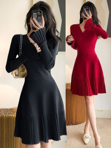 Red Knitted Dress Womens Mini Hepburn Little Red Dress Autumn Winter Bridal Toasting Suit Return Gift Dress Skirt New Year