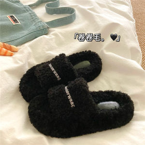 หนาขึ้น รองเท้าแตะตุ๊กตาขนยาว 5 ซม. ผู้หญิง ฤดูหนาว อุ่น กันลื่น ผ้าฝ้าย รองเท้าแตะรองเท้าแตะขนก้นแบนรองเท้าบ้านสไตล์ INS