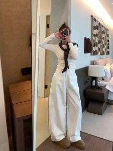 Quần Jeans Nữ Ống Rộng Màu Trắng Dáng Suông Dài Chất Liệu Denim Phong Cách Đường Phố Y2K Kiểu Dáng Mới Mùa Xuân