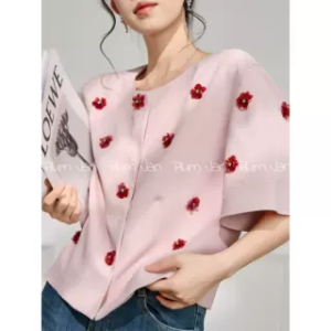 PlumJan | Womens Summer French Style Pink Short Sleeve Jacket