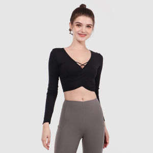 Hefy Sports T-shirt Womens Long-Sleeved Yoga Clothes V Neck Short Quick-Drying Breathable Training Tops Professional Slim Fit Fitness