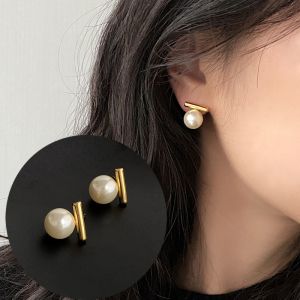 New Simple One-Word Metal Stud Earrings For Women Sweet Imitation Pearl Trendy Earring Party Accessories Jewelry Gifts