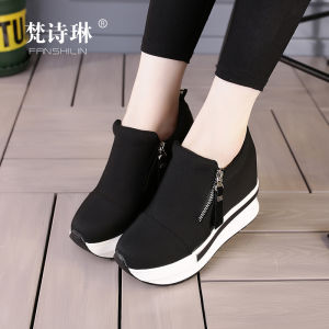 Womens High Top Canvas Shoes Spring Autumn New Style Slip-On Thick Bottom Platform Side Zipper Comfortable Rubber Sole