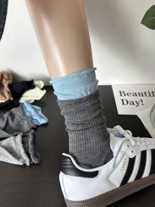 Gray Spliced Womens Mid-Calf Socks Thin Cotton Summer Trendy Retro Versatile White Over-The-Knee Cotton Sweat Absorbent Socks