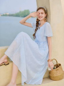 XIANGYING | Bell Sleeve Light Blue Summer Vacation Women Dress