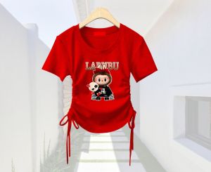 crew neck croptop atasan cewek murah monster labubu model korean serutan 2 sisi lengan pendek